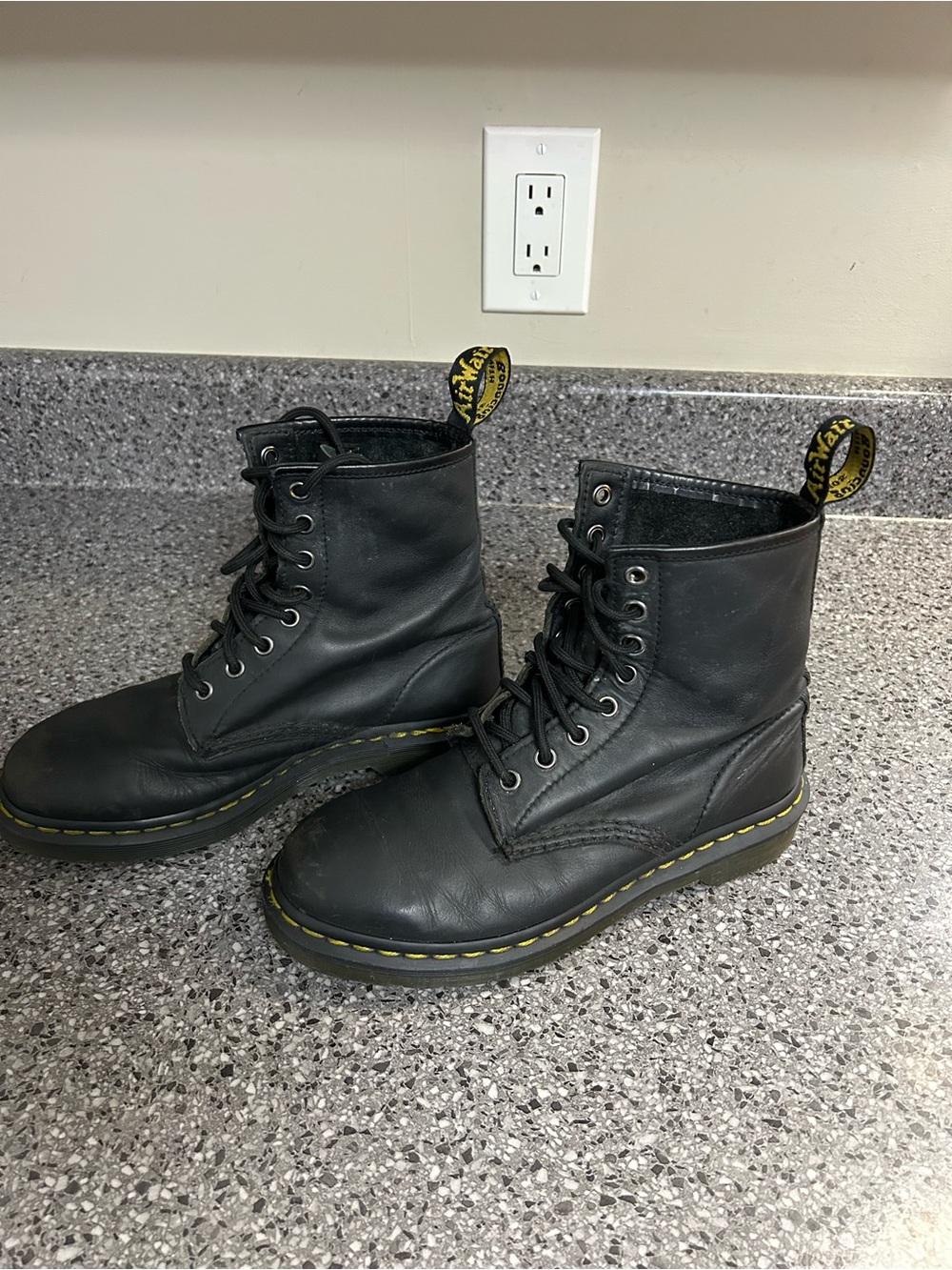 Dr. Martens Black Leather Lace-Up Boots with Yellow Welt Stitching